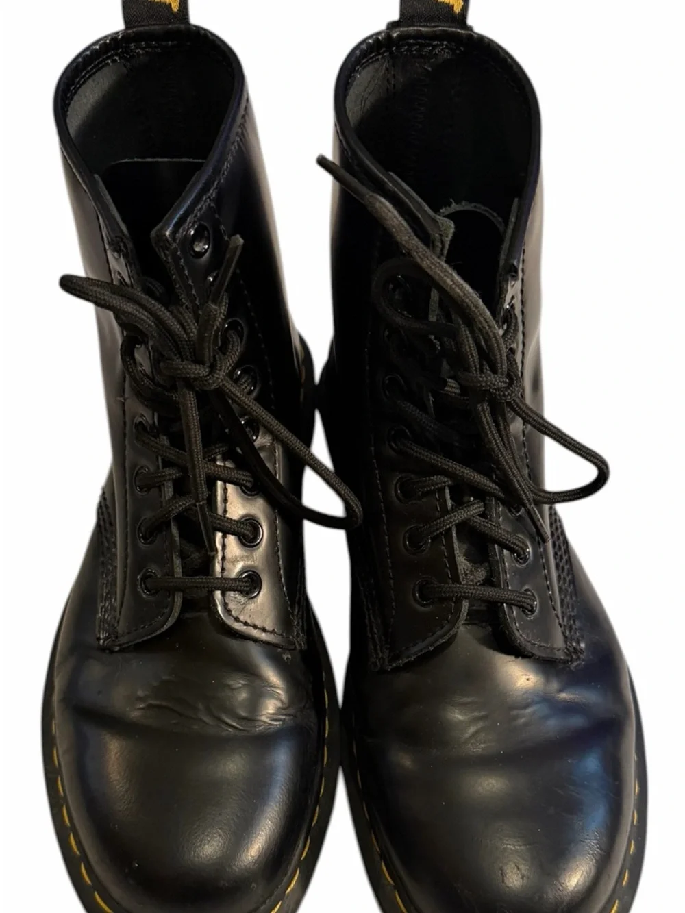 Dr. Martens 1460 Smooth Black Leather Lace-Up Combat Boots with Yellow Stitching